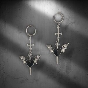 Gothic Bat Heart Dagger Inverted Cross Drop Earrings